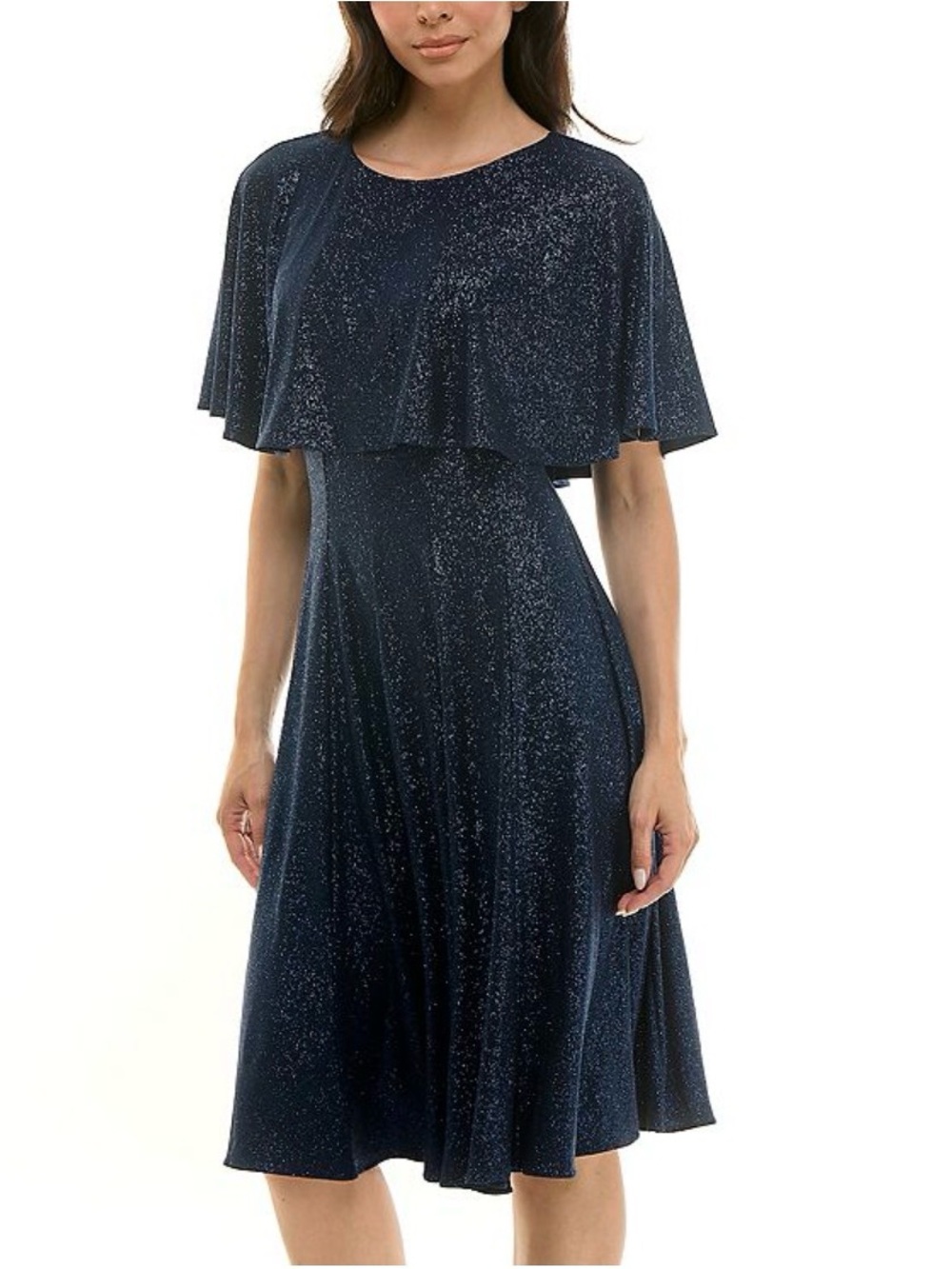 Women's Navy Sparkle Cape Sleeve Midi Dress